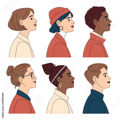 Diverse group of people facing the same direction in profile view