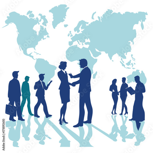 International business people networking and collaborating in front of a world map