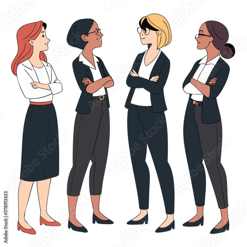 Diverse group of professional women standing together and engaging in conversation