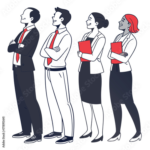 A diverse group of business professionals standing in a confident pose