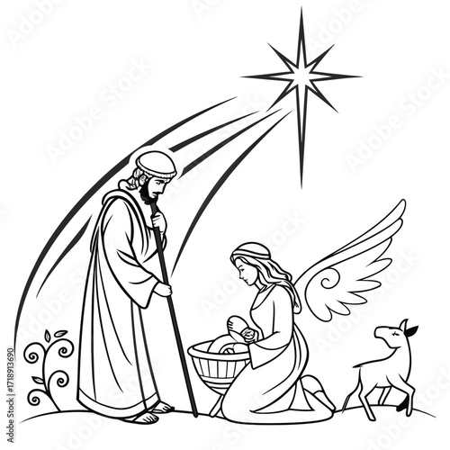 Shepherds and angel kneeling before baby jesus in a nativity scene