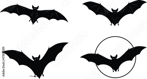 Four black bat silhouettes flying in front of a full moon on a white background