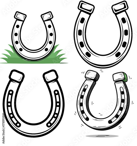 Horse Shoes Different styles of horseshoes displayed on green grass and transparent background conveying good luck and tradition