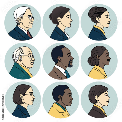 Diverse group of professionals in circular portraits side profiles shown