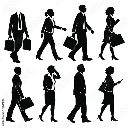 Silhouettes of business people walking with shopping bags modern lifestyle