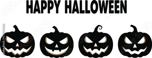 Happy halloween silhouette set featuring four different jackolanterns with spooky faces