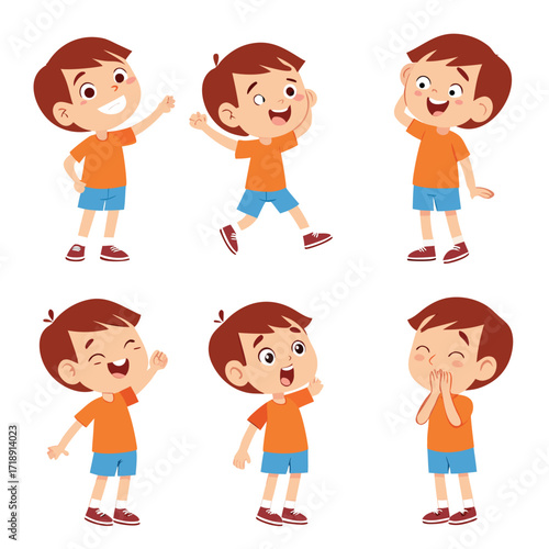 Happy cartoon boy exhibiting different expressions and playful poses