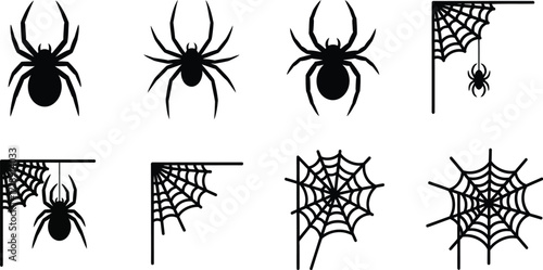 Spider and spiderweb silhouette set for halloween decorations and spooky designs