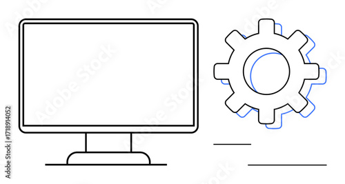 Computer monitor with a large gear indicating processes, system settings, operations, or maintenance workflows. Ideal for technology, IT, management, development, engineering optimization simple