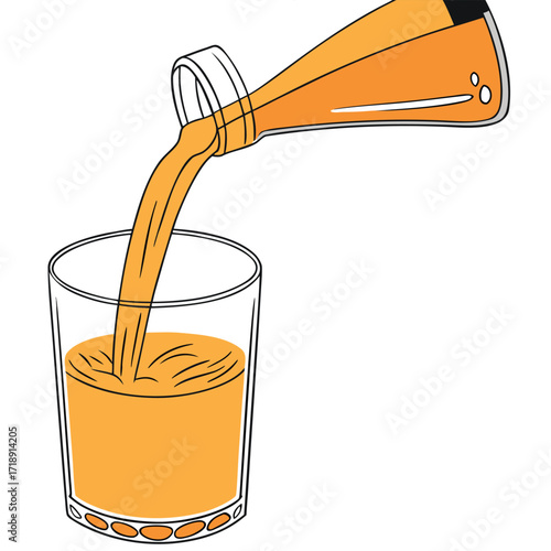 Orange juice being poured from a bottle into a drinking glass