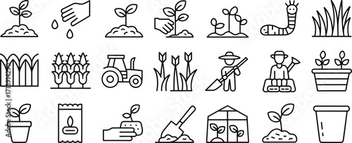 Gardening and agriculture icons in outline style Keywords: gardening, agriculture, plant
