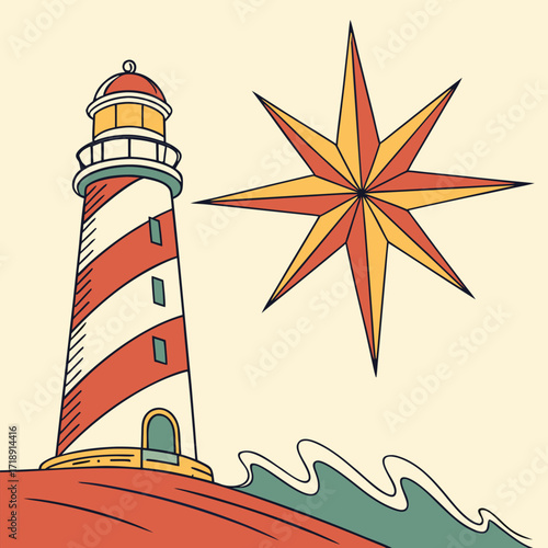 Traditional tattoo style illustration of a lighthouse and nautical star design
