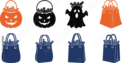 Halloween themed candy bags and pumpkin buckets filled with sweets for trick or treat