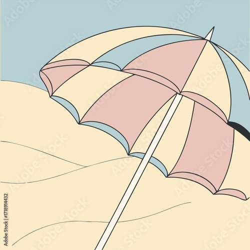 A simple illustration of a striped beach umbrella over sand dunes