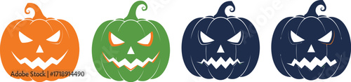 Colorful halloween pumpkins in orange green blue and black on a white background