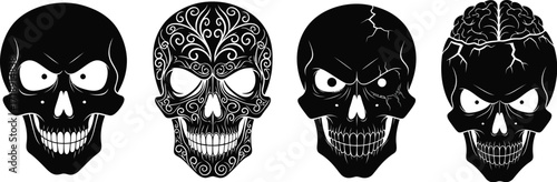Four black skulls with different designs including brain and floral patterns art