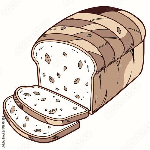 A partially sliced loaf of bread with seeds illustrated style