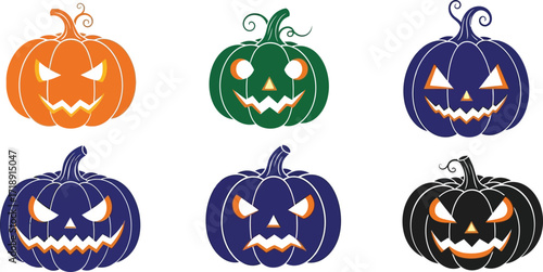 Colorful halloween pumpkins with spooky faces in orange green blue and black colors