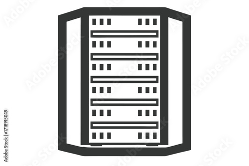 Dark Server Rack Icon with Data Storage System on a White Background