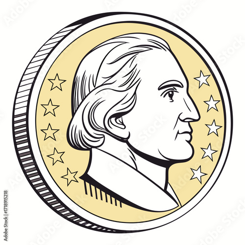 Detailed illustration of a golden coin featuring a portrait of a man