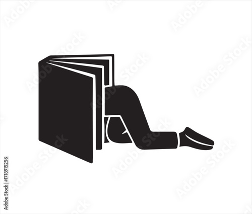 Silhouette of a person with legs sticking out of an open book on a white background reading learning