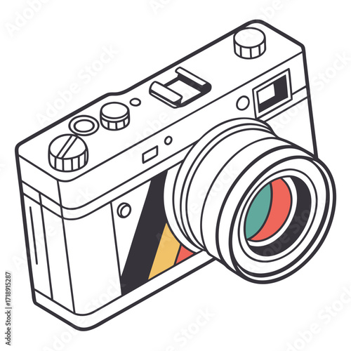 Vintage style camera illustration with lens and detailed controls shown