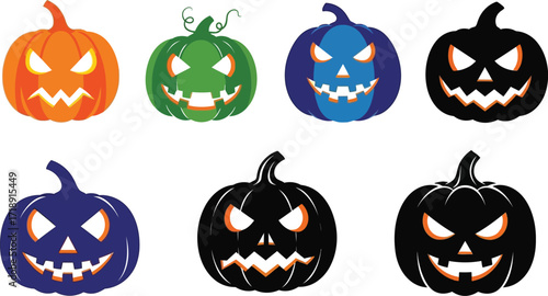 Colorful halloween pumpkins with spooky faces in orange green blue and black hues