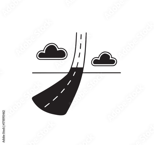 Stylized road curving downwards into a hole with clouds above : road, highway, street, path, way, driving, travel, journey, direction, curve, bend, turn, dip, hole, pit, abyss, danger