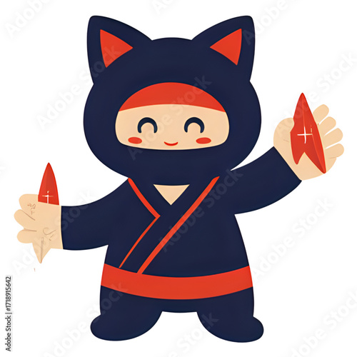 Tiny Ninja Cat Holding Shuriken in Paw | Adorable Cartoon Cat Dressed as Stealthy Ninja | Kawaii Ninja Kitty with Throwing Star | Small Agile Cat Warrior with Shuriken | Cute Chibi Ninja Cat Ready