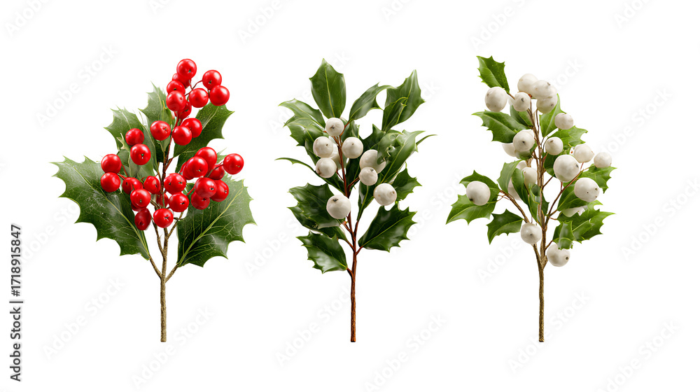 Fototapeta premium Holly and Mistletoe Branch Bundle in Festive, Classic, and Cartoon Styles isolated on transparent background