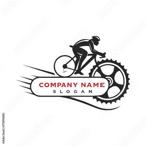 Mountain biker silhouette integrated with a gear and company branding