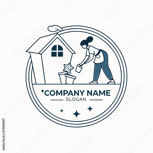 Woman tending to a dog house with a star logo design
