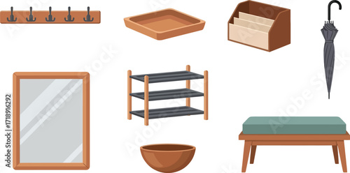 Entryway furniture set with mirror shoe rack and umbrella stand editable stock