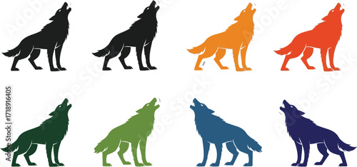 Colorful howling wolf stickers in various shades on a white background design