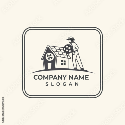 Vintage logo featuring a roofer working on a small house design