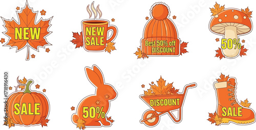 Fall season sale and discount stickers for autumn promotions editable stock