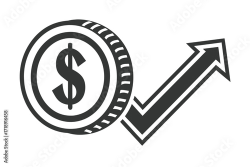 Dollar Coin Icon with Arrow Pointing Upward, Finance Concept Isolated on White