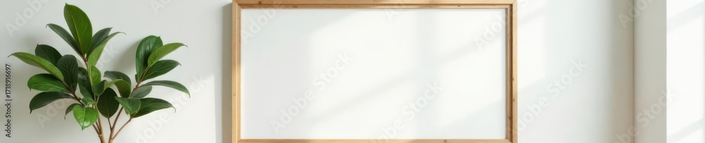 Obraz premium Empty frame mockup on minimalist wall, plant accent , photo, empty space, living room decor