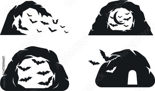 Silhouette illustrations of bat caves with bats flying out for halloween themes