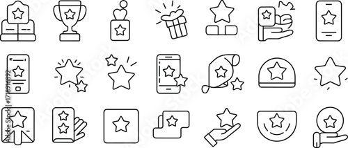 Set of star rating and achievement icons in outline style Keywords: star rating, achievement