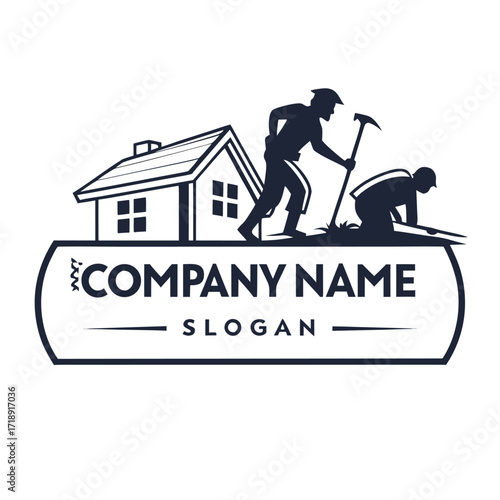 Roofing workers repair a house company logo with slogan underneath