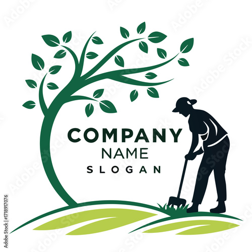 Gardener tending to a lush green landscape near a stylized tree
