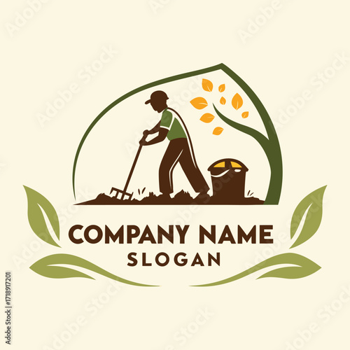Gardener tending to land with tools inside a green leaf design emblem