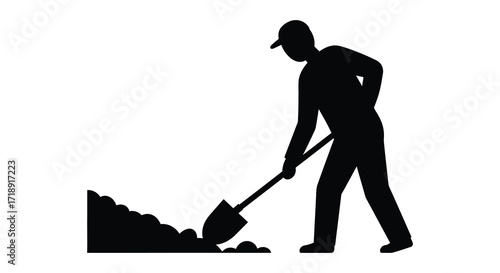 Silhouette of a worker digging with a shovel a simple graphic