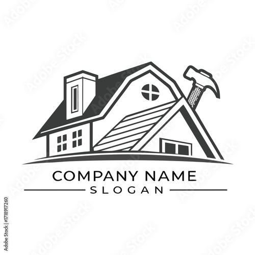 House logo with crossed hammer and wrench for construction company brand