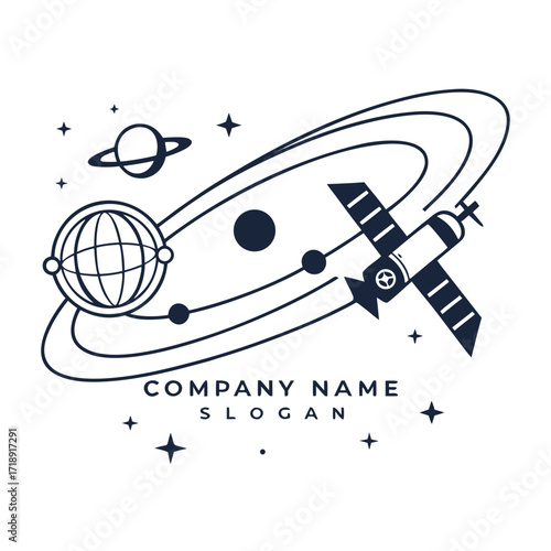 Space exploration logo featuring planets satellite and orbital paths design