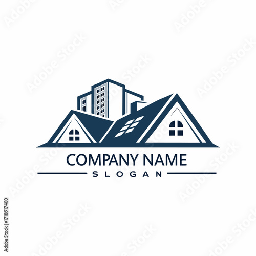 Modern building logo design featuring rooftops and a company branding element
