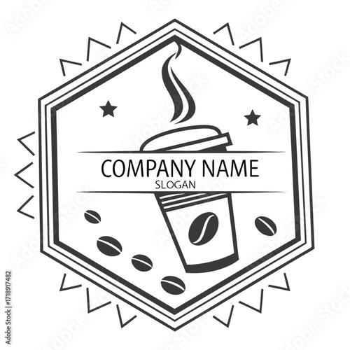 Vintage coffee logo design with steaming cup and scattered beans illustration