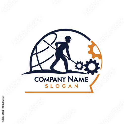 Construction worker building the world with gears and a company logo