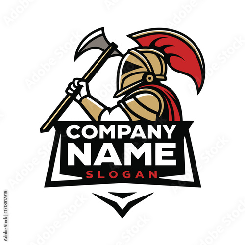 A fierce spartan warrior with helmet and axe logo design element